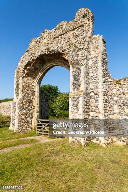 Ruins of gatehouse of Greyfriars Friary, Dunwich, Suffolk, England, UK.