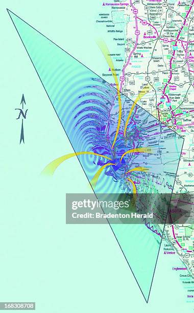 Size as needed Nancy Zeigler color illustration of map showing "Dead Zone" – Florida's west coast version of the Bermuda Triangle.