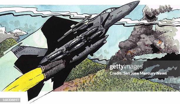 Size as needed , Jim Hummel color illustration of jet fighter shooting down another plane.