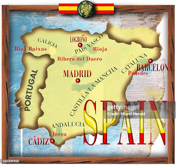 Size as needed , Philip Brooker color illustration: Map of Spain with wine areas labeled.