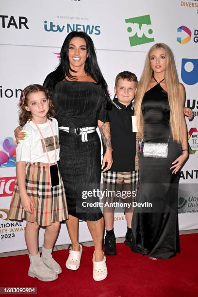 Katie Price with children Bunny Hayler, Jett Hayler and Princess Andre attend the The National Diversity Awards 2023 at Liverpool Cathedral on...