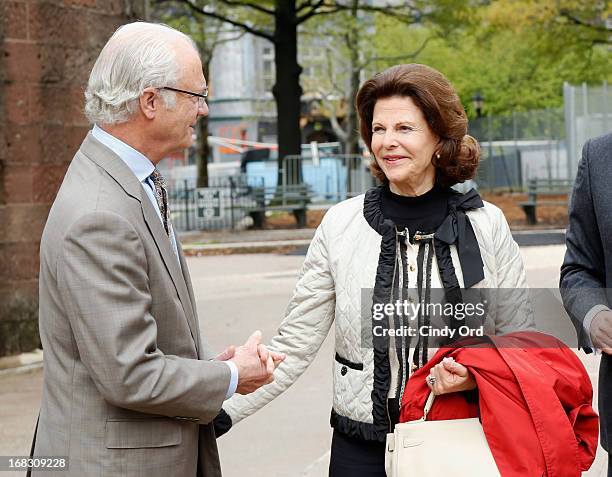 King Carl XVI Gustaf and Queen Silvia of Sweden are seen visiting 'The Castle Clinton' in Battery Park on May 8, 2013 in New York City.