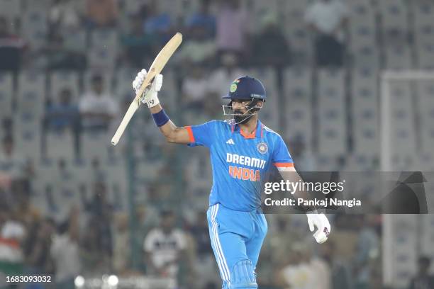 Rahul of India celebrates after scoring a fifty during game one of the One Day International series between India and Australia at Inderjit Singh...