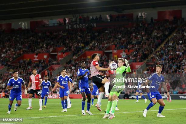 Mads Hermansen of Leicester City saves a shot from Che Adams of Southampton inside the box during the Sky Bet Championship match between Southampton...