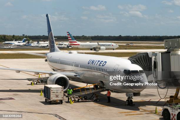 United Airlines Boeing 737 plane at Cancun airport, Mexico.