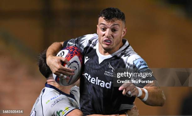 Falcons wing Adam Radwan makes a break during the Premiership Rugby Cup match between Newcastle Falcons and Bedford Blues at Kingston Park on...