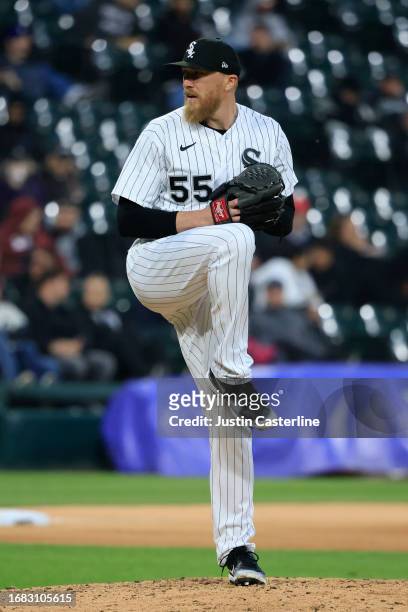Jake Diekman of the Chicago White Sox throws a pitch in the game against the Tampa Bay Rays at Guaranteed Rate Field on April 27, 2023 in Chicago,...