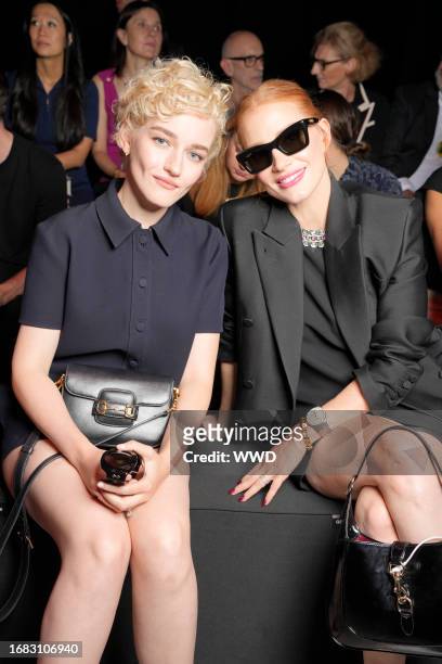 Julia Garner and Jessica Chastain at the Gucci Spring 2024 Ready To Wear Fashion Show on September 22, 2023 in Milan, Italy.