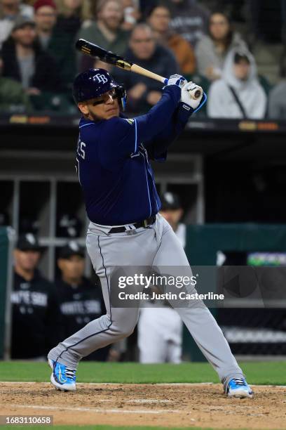Isaac Paredes of the Tampa Bay Rays at bat in the game against the Chicago White Sox at Guaranteed Rate Field on April 27, 2023 in Chicago, Illinois.
