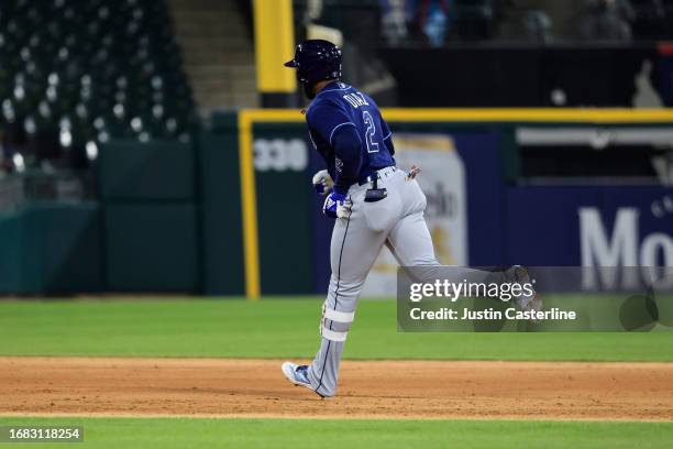 Yandy Diaz of the Tampa Bay Rays runs the bases after hitting a home run in the game against the Chicago White Sox at Guaranteed Rate Field on April...