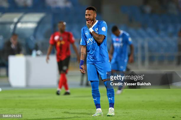Neymar Jr of Al Hilal reacts during the match between Al-Hilal and Riyadh at Prince Faisal Bin Fahad on September 15, 2023 in Riyadh, Saudi Arabia.