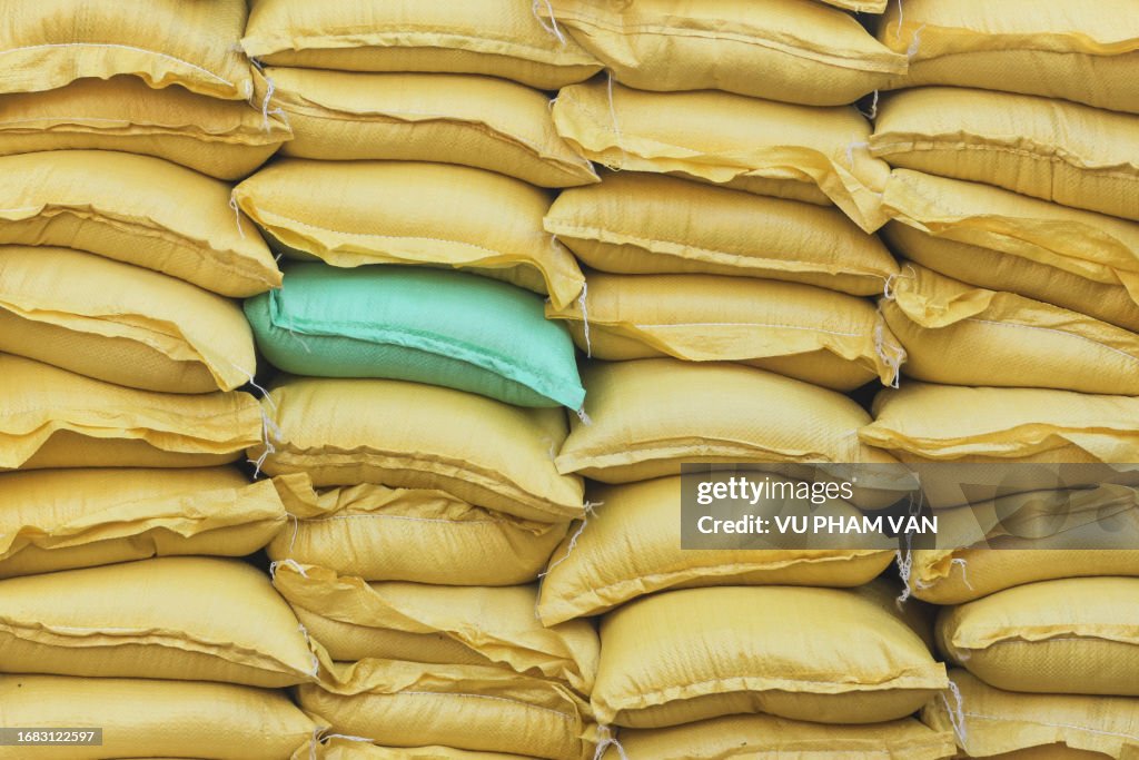 Stack of rice bags after packaging in Central Vietnam
