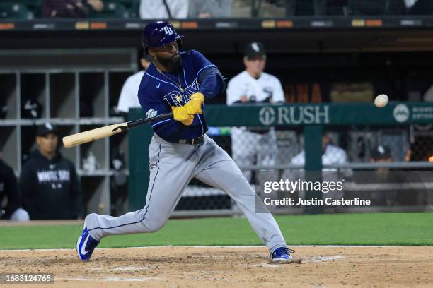 Randy Arozarena of the Tampa Bay Rays at bat in the game against the Chicago White Sox at Guaranteed Rate Field on April 27, 2023 in Chicago,...