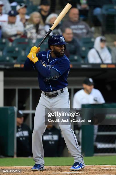 Randy Arozarena of the Tampa Bay Rays at bat in the game against the Chicago White Sox at Guaranteed Rate Field on April 27, 2023 in Chicago,...