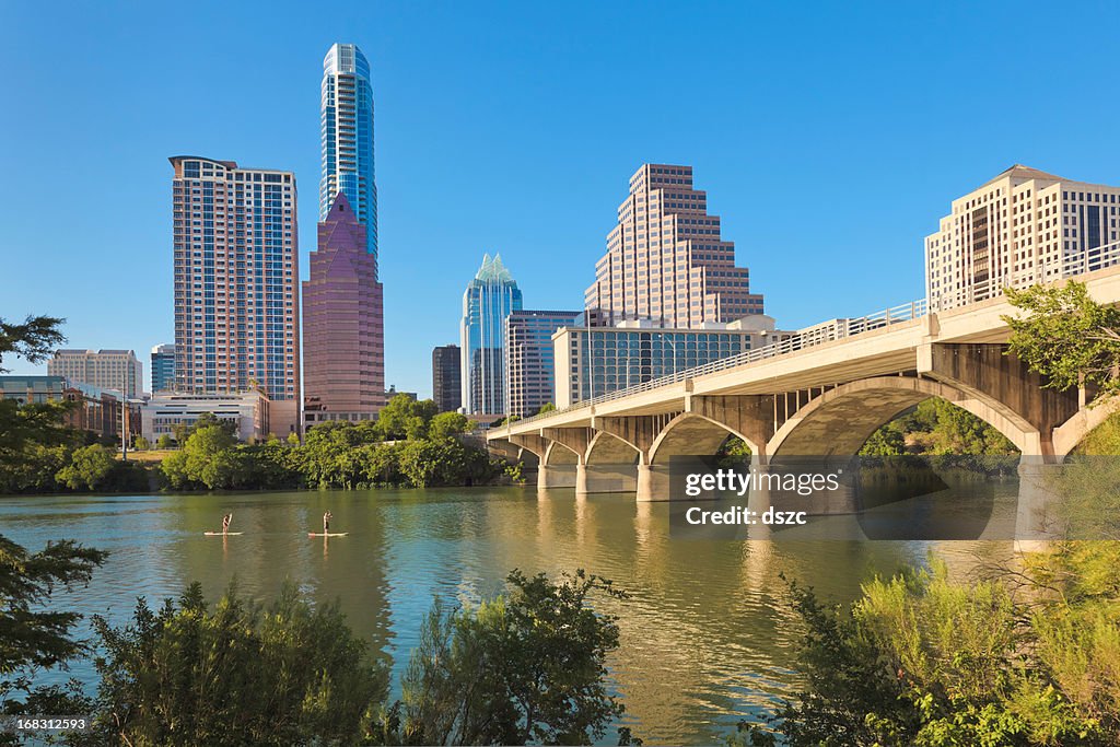 Austin Texas cityscape skyline, Congress Avenue Bridge, Standup Paddleboarding