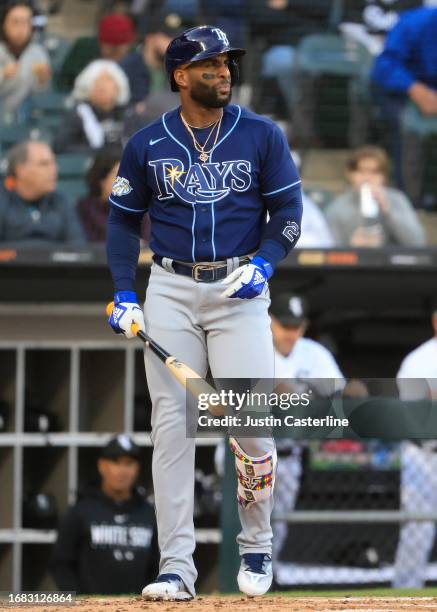 Yandy Diaz of the Tampa Bay Rays at bat in the game against the Chicago White Sox at Guaranteed Rate Field on April 27, 2023 in Chicago, Illinois.