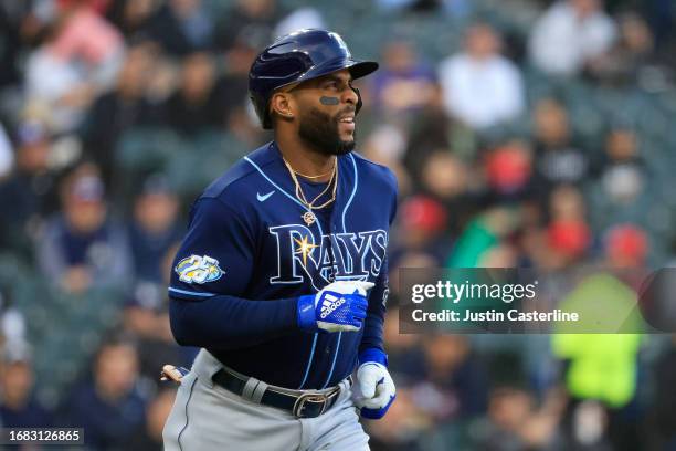 Yandy Diaz of the Tampa Bay Rays at bat in the game against the Chicago White Sox at Guaranteed Rate Field on April 27, 2023 in Chicago, Illinois.