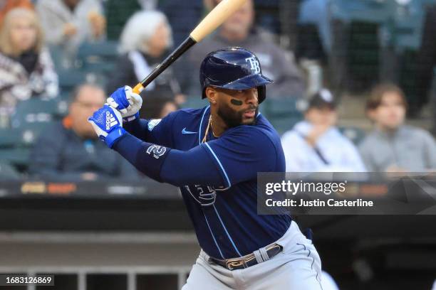 Yandy Diaz of the Tampa Bay Rays at bat in the game against the Chicago White Sox at Guaranteed Rate Field on April 27, 2023 in Chicago, Illinois.