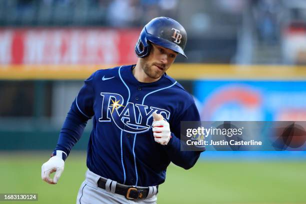 Brandon Lowe of the Tampa Bay Rays runs the bases after hitting a home run during the third inning in the game against the Chicago White Sox at...