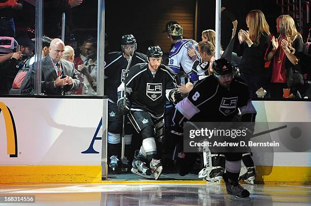 Rob Scuderi of the Los Angeles Kings takes the ice against the St. Louis Blues in Game Three of the Western Conference Quarterfinals during the 2013...