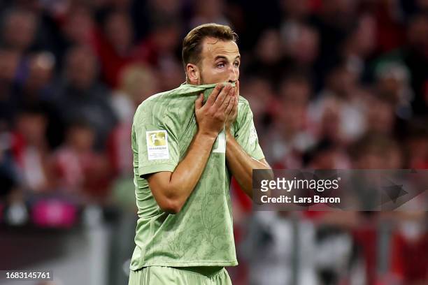 Harry Kane of Bayern Munich reacts during the Bundesliga match between FC Bayern München and Bayer 04 Leverkusen at Allianz Arena on September 15,...