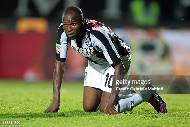 Innocent Emeghara of AC Siena shows his dejection during the Serie A match between AC Siena and ACF Fiorentina at Stadio Artemio Franchi on May 8,...