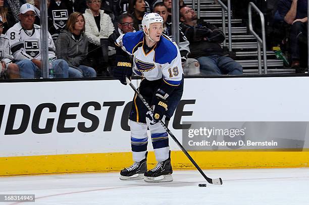 Jay Bouwmeester of the St. Louis Blues skates with the puck against the Los Angeles Kings in Game Three of the Western Conference Quarterfinals...