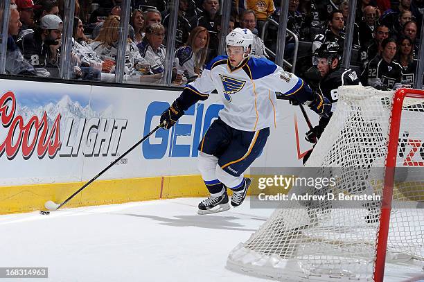 Vladimir Sobotka of the St. Louis Blues skates with the puck against the Los Angeles Kings in Game Three of the Western Conference Quarterfinals...