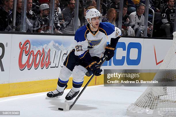 Alex Pietrangelo of the St. Louis Blues skates with the puck against the Los Angeles Kings in Game Three of the Western Conference Quarterfinals...