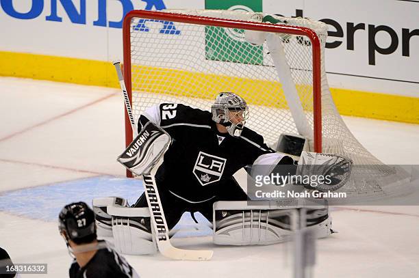 Jonathan Quick of the Los Angeles Kings makes the save against the St. Louis Blues in Game Three of the Western Conference Quarterfinals during the...