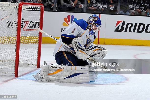 Brian Elliott of the St. Louis Blues makes the save against the Los Angeles Kings in Game Three of the Western Conference Quarterfinals during the...