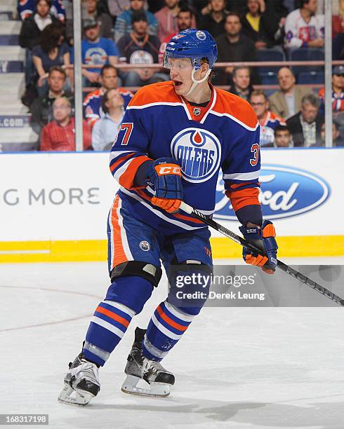 Lennart Petrell of the Edmonton Oilers skates against the Minnesota Wild during an NHL game at Rexall Place on April 16, 2013 in Edmonton, Alberta,...