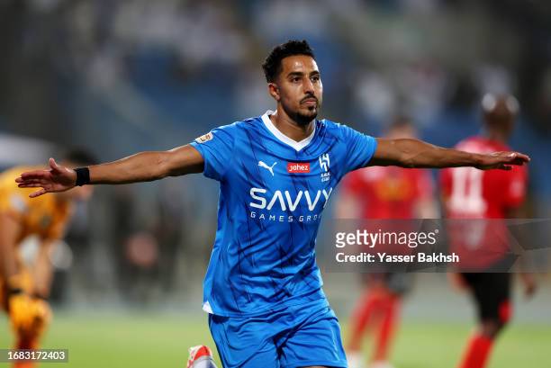 Salem Al-Dawsari of Al Hilal celebrates after scoring the team's sixth goal during the match between Al-Hilal and Riyadh at Prince Faisal Bin Fahad...