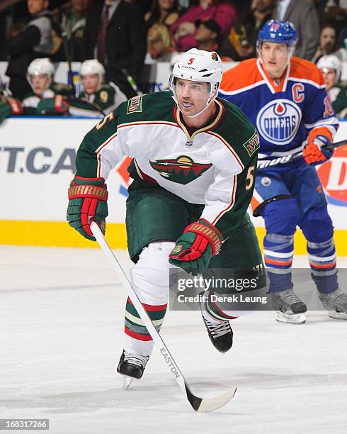 Brett Clark of the Minnesota Wild skates against the Edmonton Oilers during an NHL game at Rexall Place on April 16, 2013 in Edmonton, Alberta,...