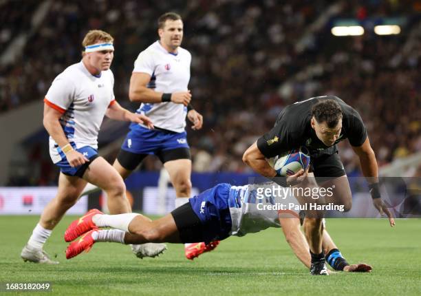 David Havili of New Zealand scores the team's ninth try during the Rugby World Cup France 2023 match between New Zealand and Namibia at Stadium de...