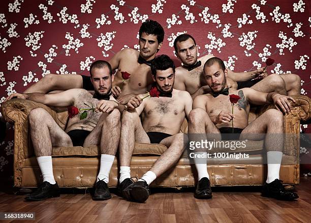 five grooms sitting - hairy men bildbanksfoton och bilder