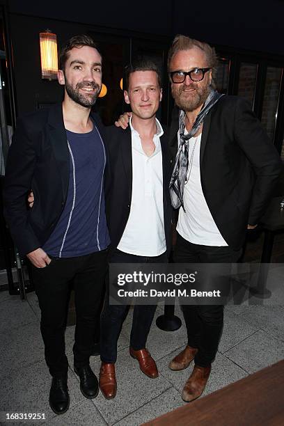 Kieran and Danny Clancy and Johan Lindeberg attend the BLK DNM Dinner with Johan Lindeberg and Kim Sion at Beagle Restaurant on May 8, 2013 in...