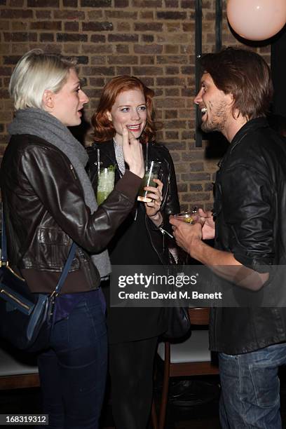 Janina and Jessica Joffe and James Rousseau attends the BLK DNM Dinner with Johan Lindeberg and Kim Sion at Beagle Restaurant on May 8, 2013 in...