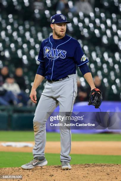 Luke Raley of the Tampa Bay Rays looks on in the game against the Chicago White Sox at Guaranteed Rate Field on April 27, 2023 in Chicago, Illinois.