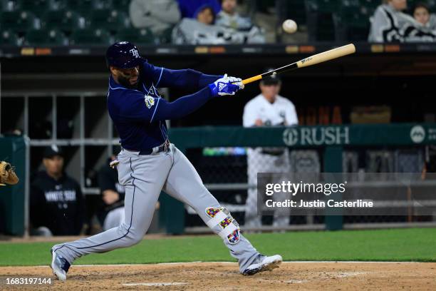 Yandy Diaz of the Tampa Bay Rays at bat in the game against the Chicago White Sox at Guaranteed Rate Field on April 27, 2023 in Chicago, Illinois.