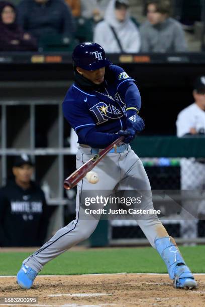 Wander Franco of the Tampa Bay Rays at bat in the game against the Chicago White Sox at Guaranteed Rate Field on April 27, 2023 in Chicago, Illinois.