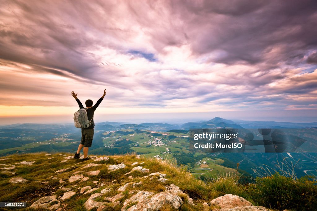 Hiker on top of the Mountain, Success Freedom Concept