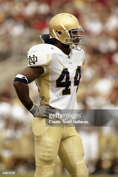 Notre Dame defensive end Justin Tuck on the field during the NCAA football game against FSU at Doak Campbell Stadium on October 26, 2002 in...