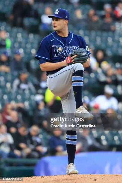 Shane McClanahan of the Tampa Bay Rays throws a pitch in the game against the Chicago White Sox at Guaranteed Rate Field on April 27, 2023 in...