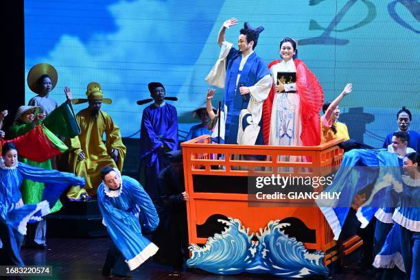 Opera singers perform in the "Princess Anio" opera premiere at the Hanoi Opera House in Hanoi on September 22, 2023.