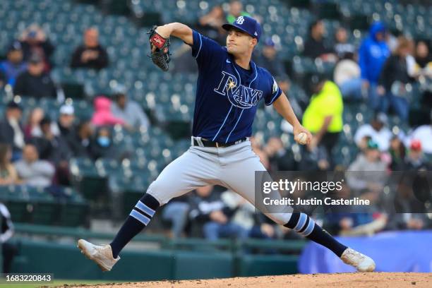 Shane McClanahan of the Tampa Bay Rays throws a pitch in the game against the Chicago White Sox at Guaranteed Rate Field on April 27, 2023 in...