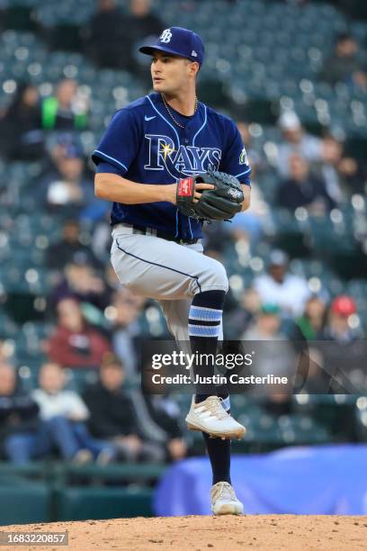 Shane McClanahan of the Tampa Bay Rays throws a pitch in the game against the Chicago White Sox at Guaranteed Rate Field on April 27, 2023 in...