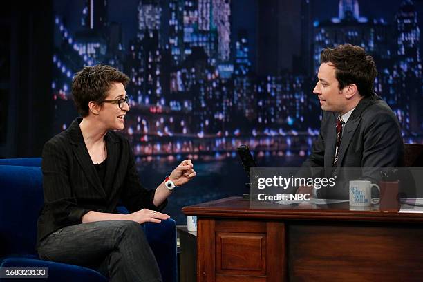 Episode 831 -- Pictured: Rachel Maddow with host Jimmy Fallon during an interview on May 8, 2013 --