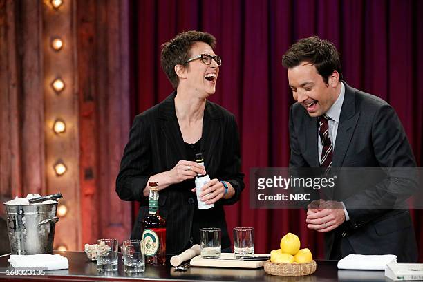 Episode 831 -- Pictured: Rachel Maddow with host Jimmy Fallon making cocktails on May 8, 2013 --