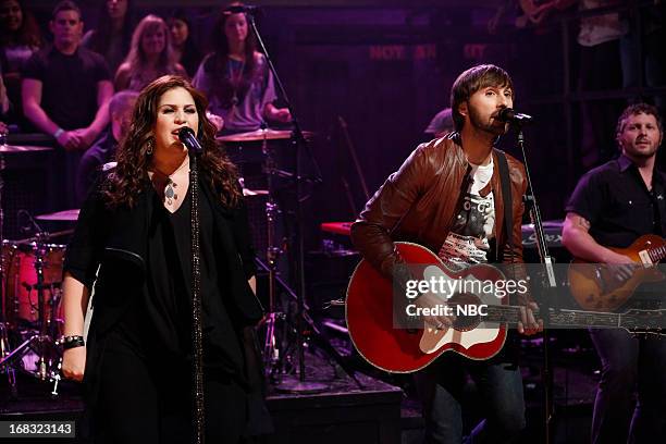 Episode 831 -- Pictured: Musical guests Hillary Scott, Dave Haywood of Lady Antebellum perform on May 8, 2013 --